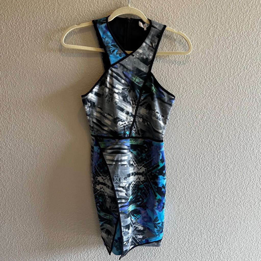 Parker Women's Blue Futuristic Kaleidoscopic Print Tobia Halter Dress Xs Nwt